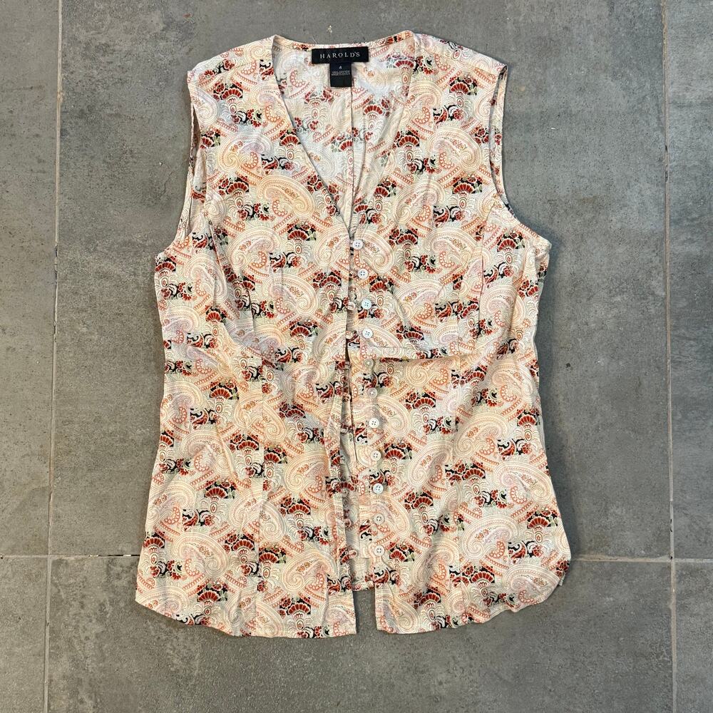 Harold's 4 Beige/Rust Floral Print Sleeveless‎ Loop Button Front Shirt PRISTINE!